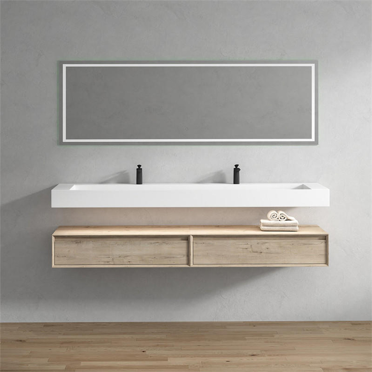 Alysa 84" Minimal Floating Bathroom Vanity in Light Oak | Moreno Bath Modern Wall Mounted Bathroom Vanities