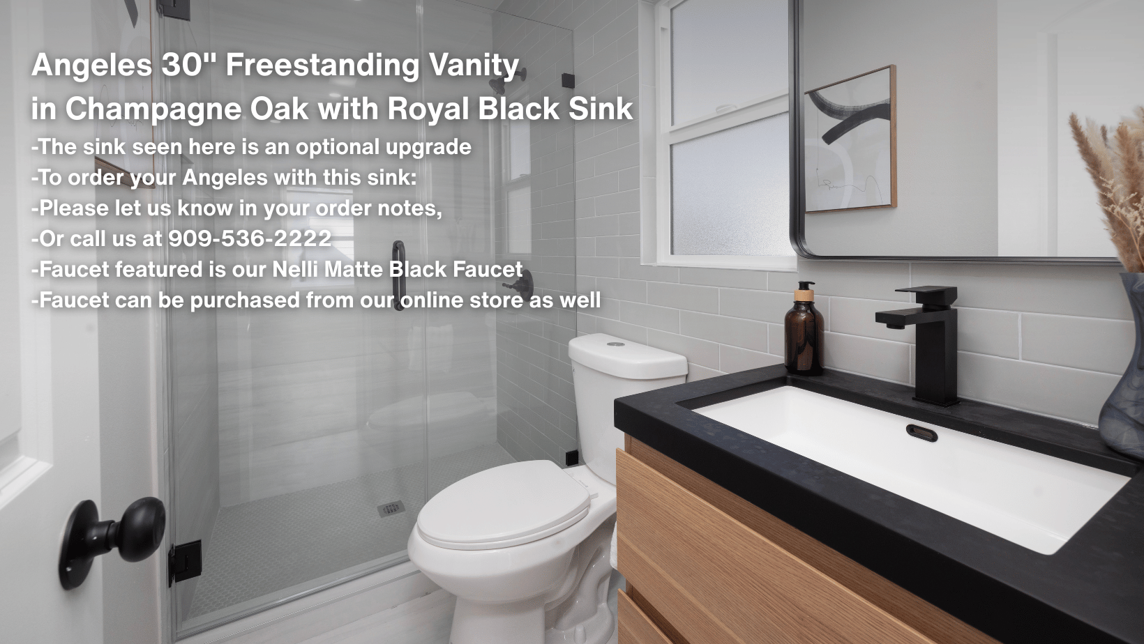Angeles 30 Freestanding Vanity in Champagne Oak with Royal Black Sink - Moreno Bath