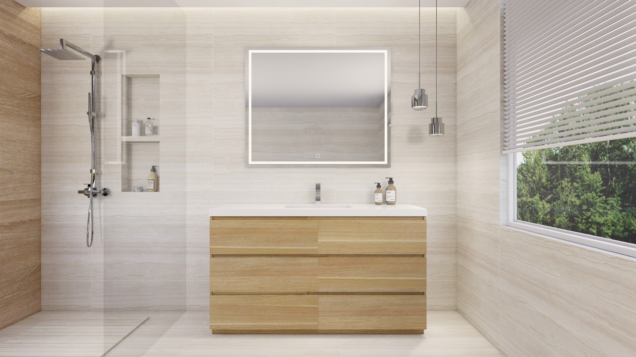 Angeles 60" Wood Bathroom Vanity in Champagne Oak | Moreno Bath Wood Vanities