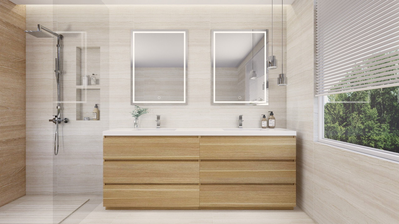 Angeles 84 Inch Freestanding Double Sink Bathroom Vanity in Champagne Oak by Moreno Bath Vanities - Best Black Friday Bathroom Vanity Deals