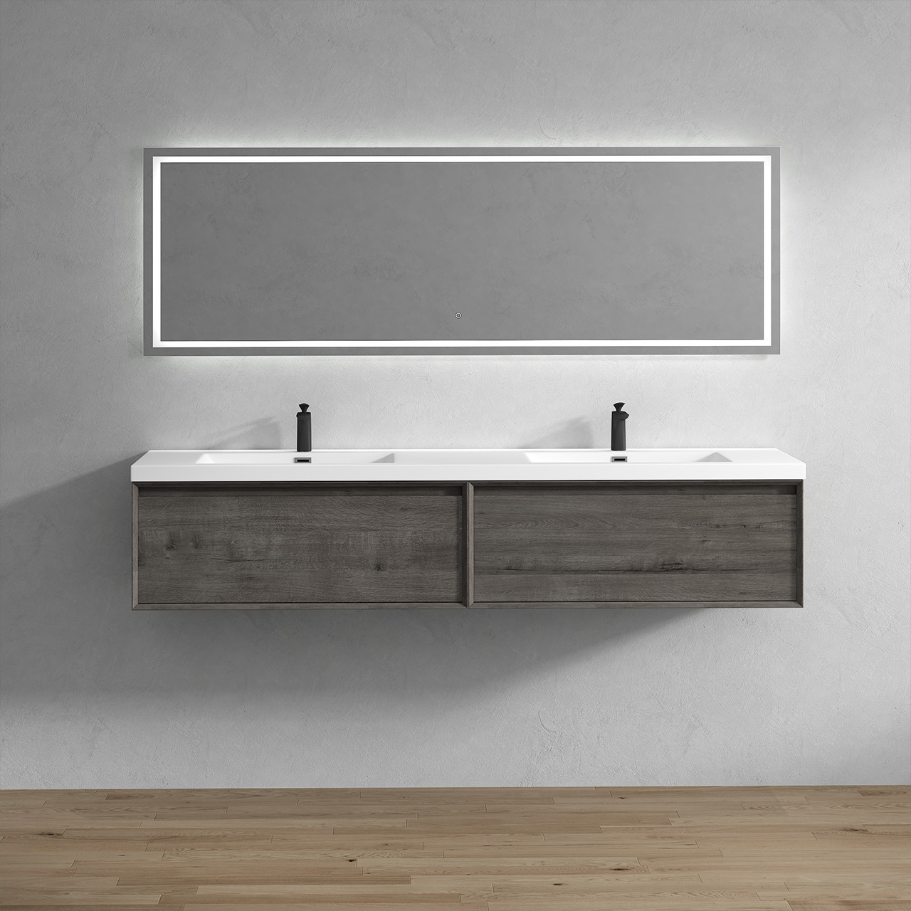 Bella 84" Floating Dark Grey Vanity in Smoke Oak | Moreno Bath Dark Grey Bathroom Vanities