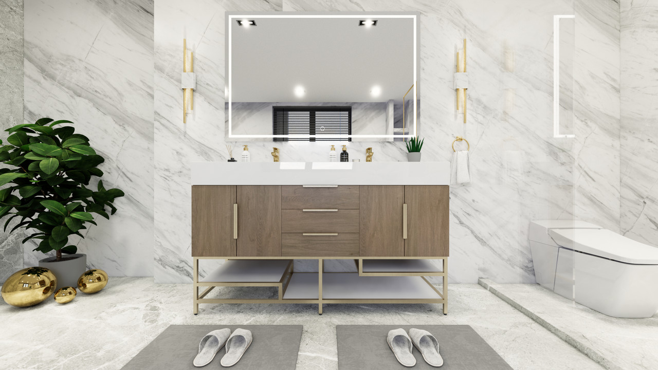 Bethany 60" Bathroom Vanity Double Sink in Faded French Oak | Moreno Bath Double Sink Open Shelf Vanities