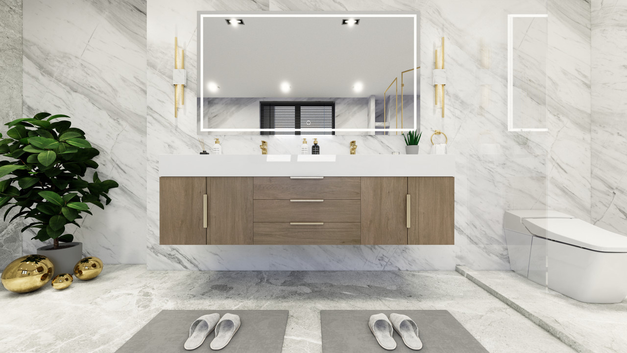 Bethany 72" Double Sink Floating Bathroom Vanity in French Oak | Moreno Bath Double Sink 72 Inch Vanities