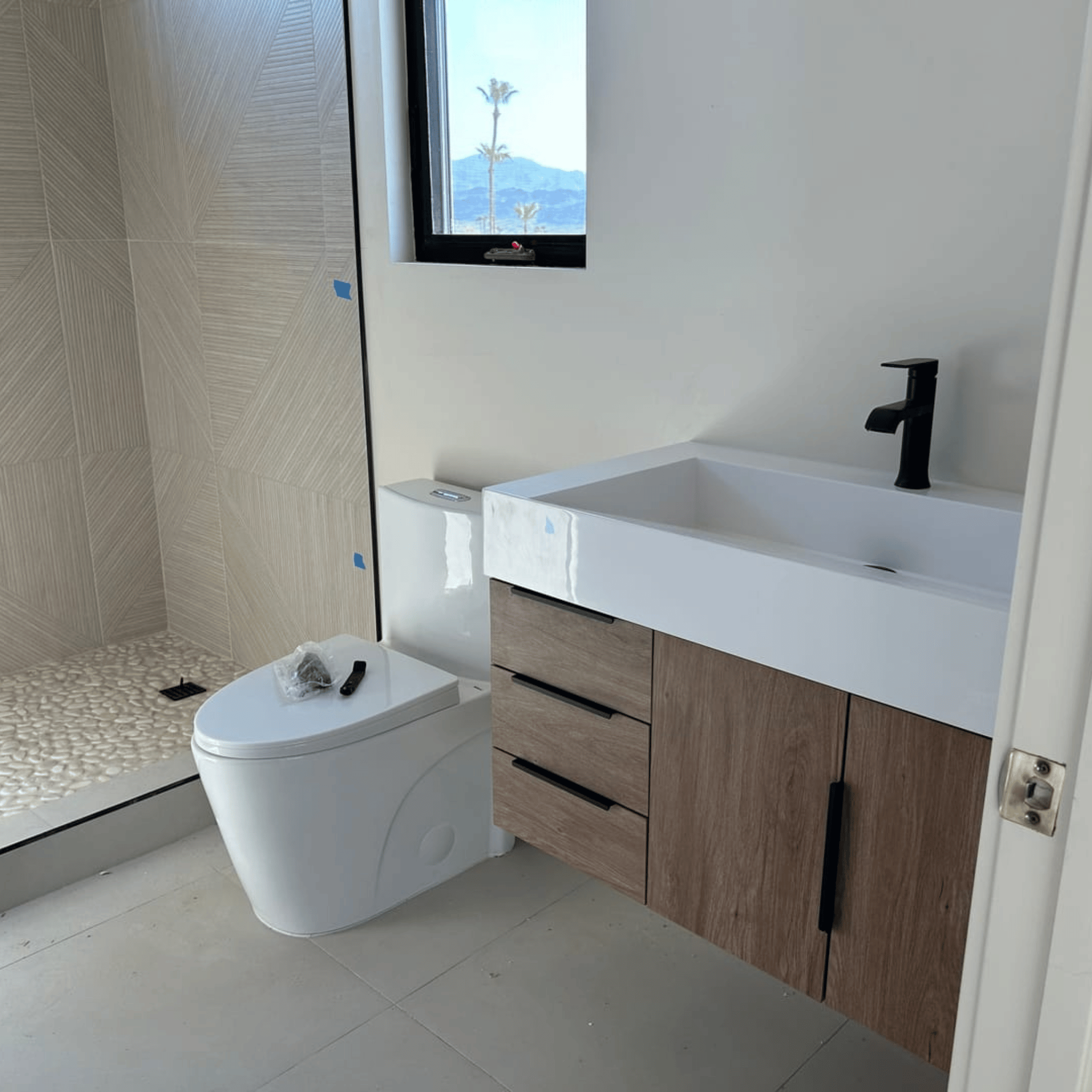 Bethany Floating Bathroom Vanity in French Oak Powder Room by Moreno Bath