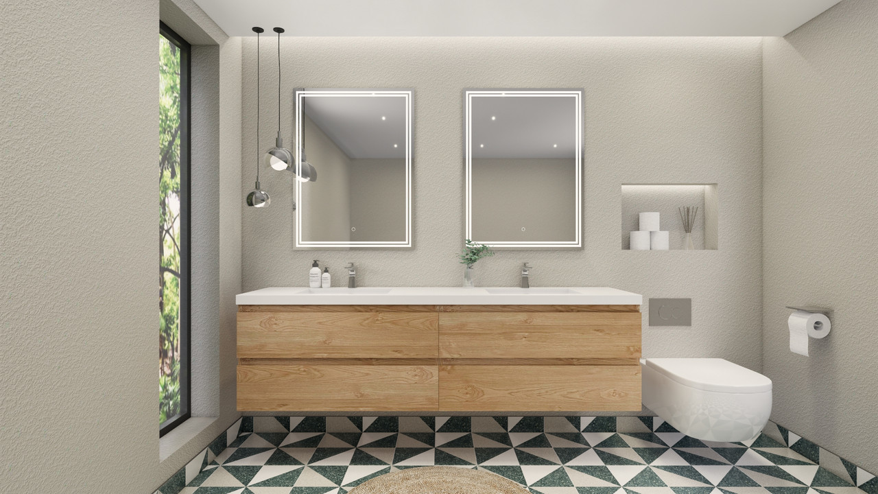 Bohemia Lina 84" Floating Vanity in New England Oak | Moreno Bath Wall Mounted Wooden Vanities