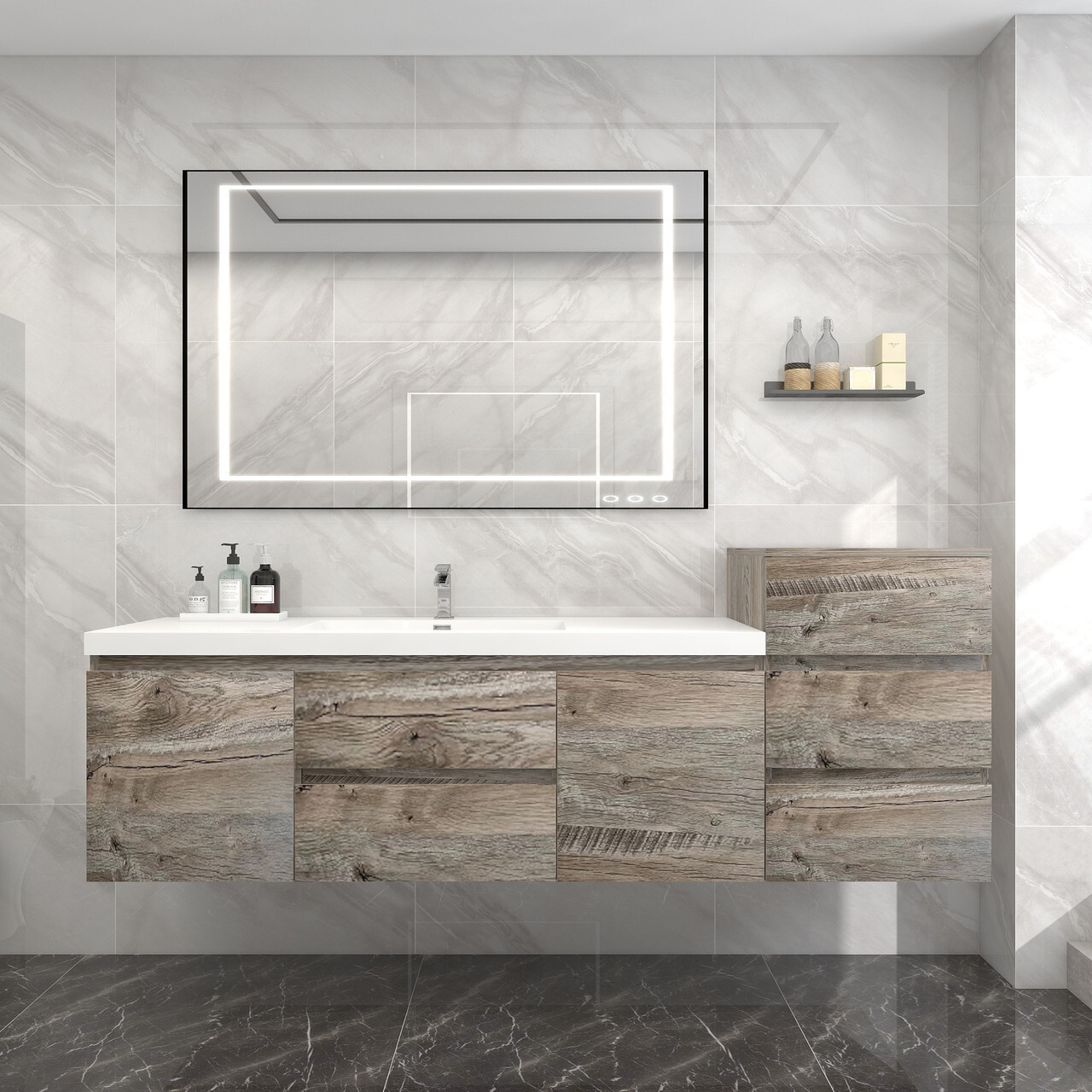 BOW 80 Inch Floating Bathroom Vanity in Natural Reclaimed Wood and Side Linen Cabinet by Moreno Bath Vanities