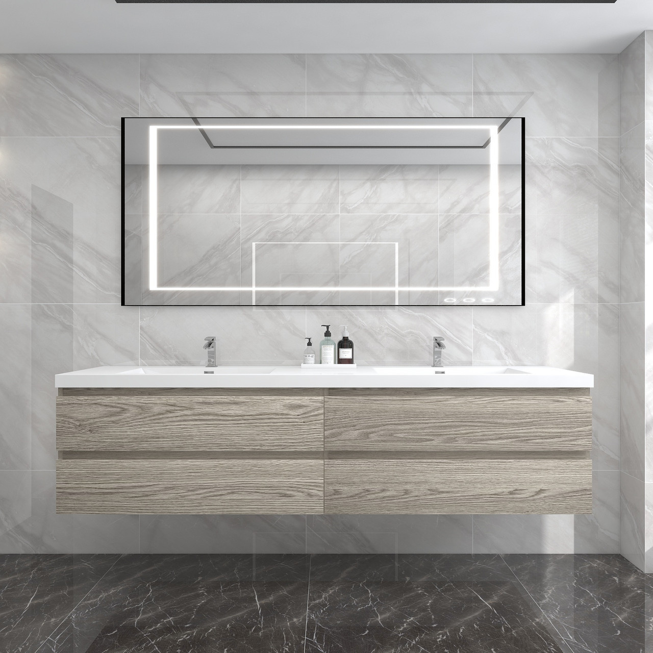 BOW 84" Modern Floating Gray Vanity in Gray Oak by Moreno Bath Modern Grey Vanities