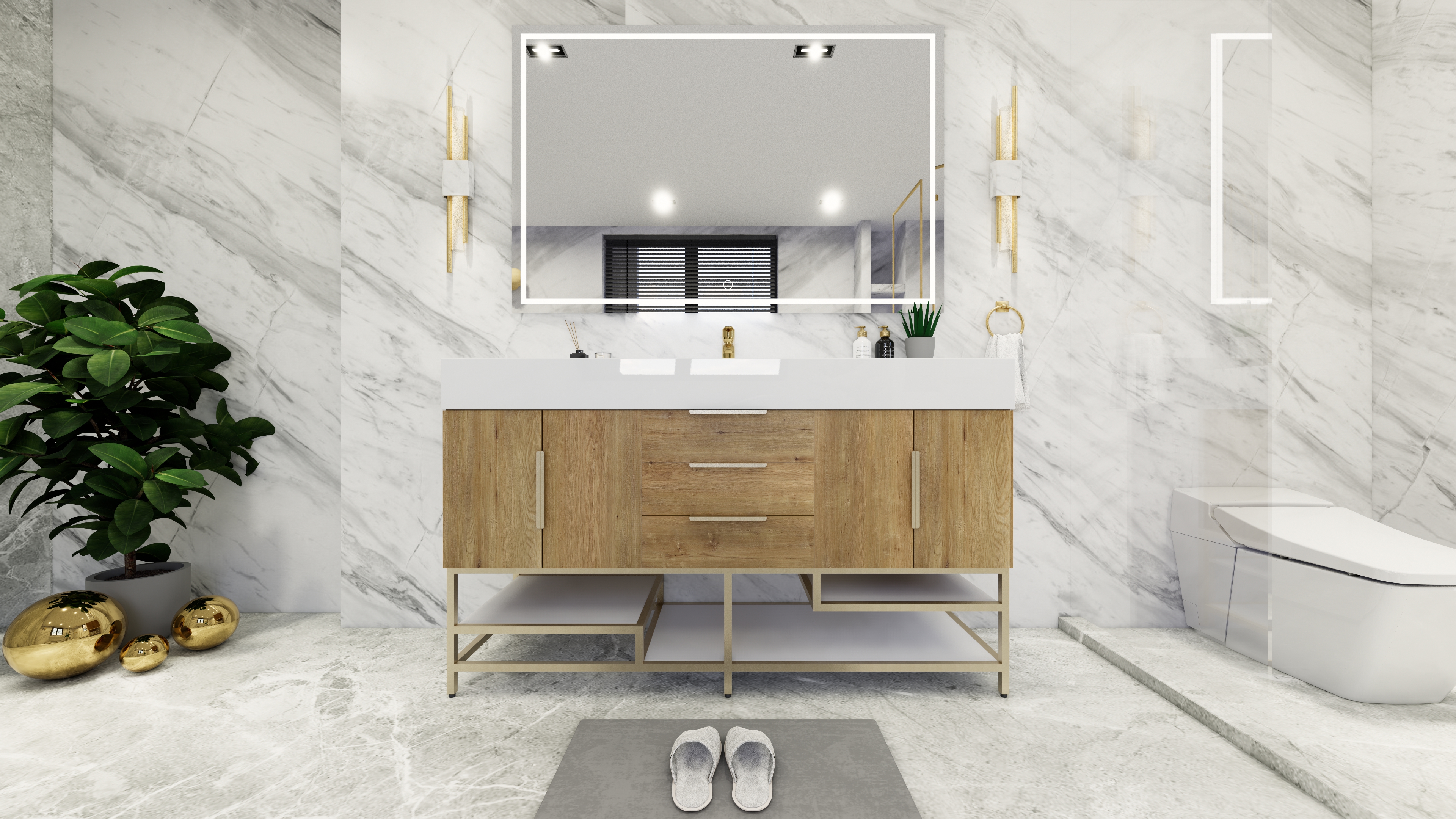 Bethany 60" Freestanding Bathroom Vanity in Oak | Moreno Bath Modern Bathroom Vanities in Light Oak, Oak