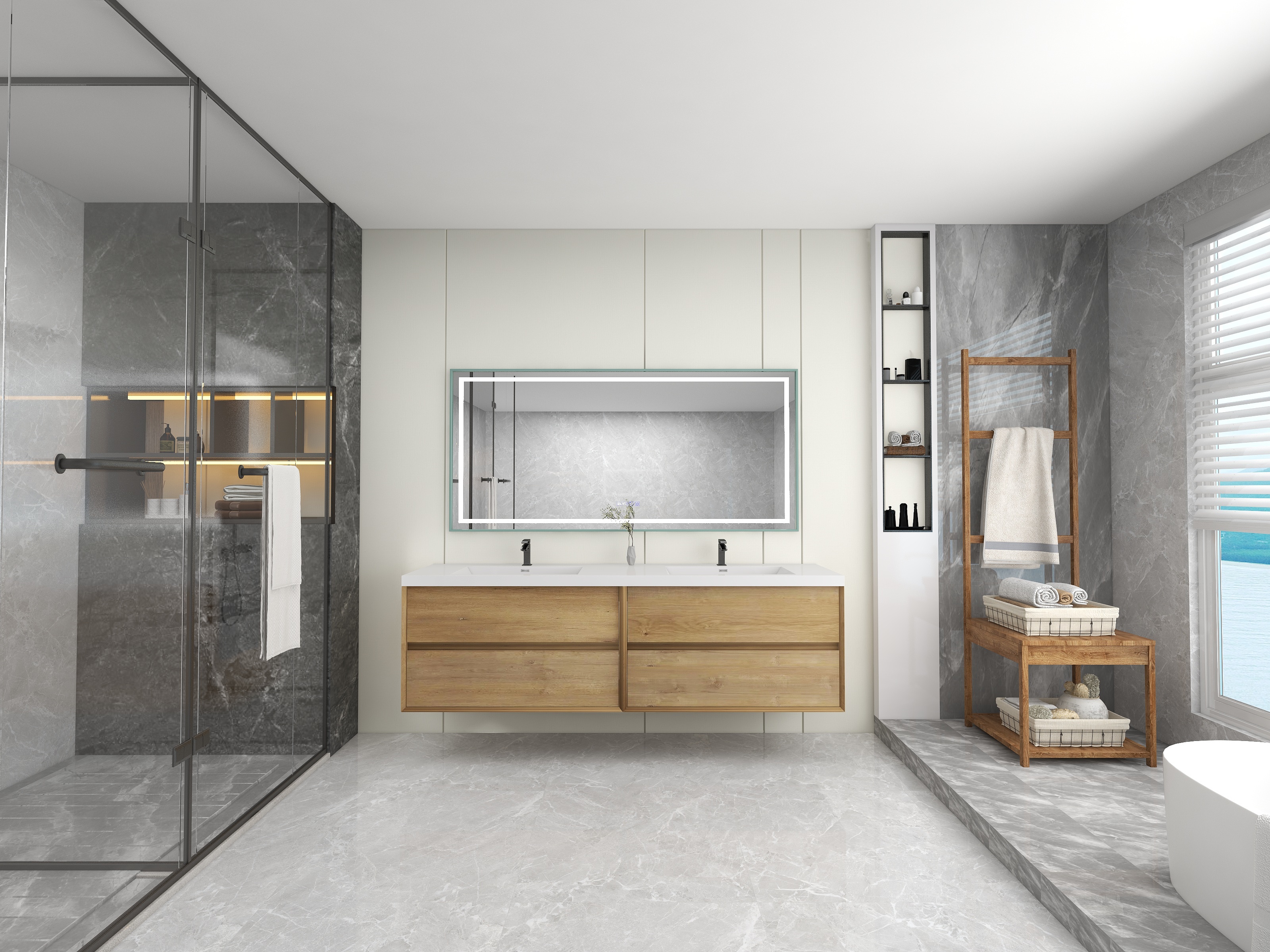 Kingdee 84" Floating Frameless Bathroom Vanity in White Oak | Moreno Bath 84 Inch Vanities for Master Bathroom | Wall-Mounted Vanities