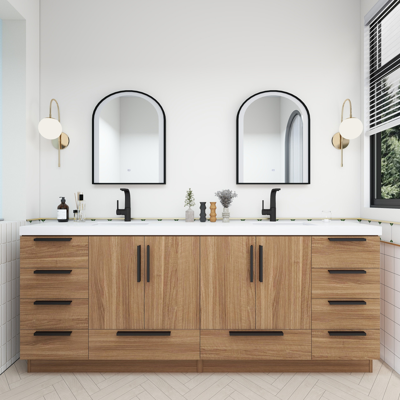 Carla 84" Inch Master Bathroom Freestanding Vanity in Rosewood by Moreno Bath Freestanding Vanities with Black Handles