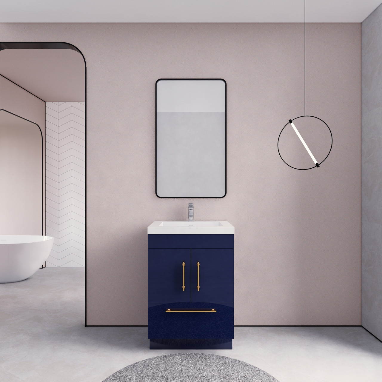 Custom Navy Blue bathroom Vanity with Brass Hardware