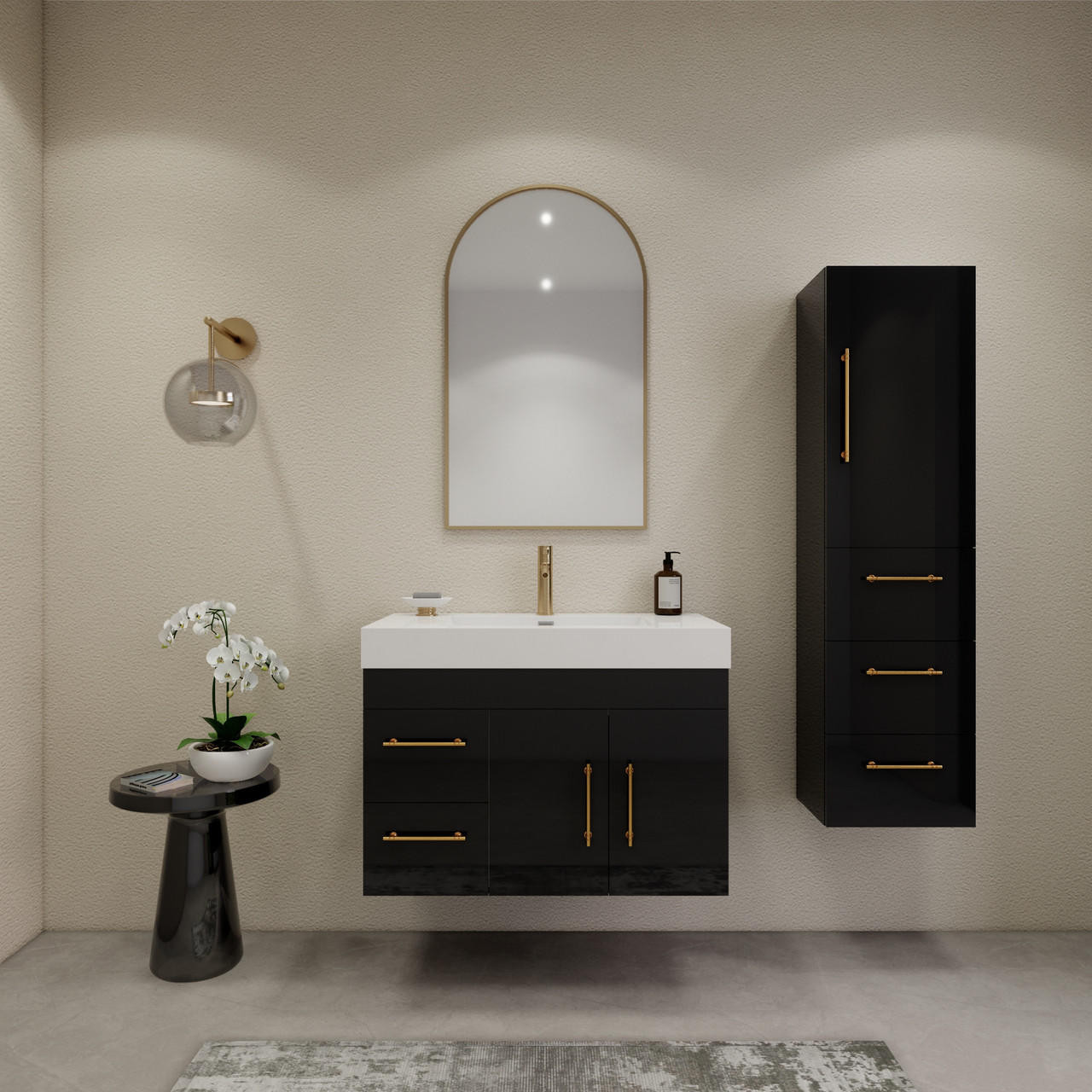 ELSA 36" WALL MOUNTED VANITY WITH REINFORCED ACRYLIC SINK (LEFT SIDE DRAWERS) in GLOSS BLACK