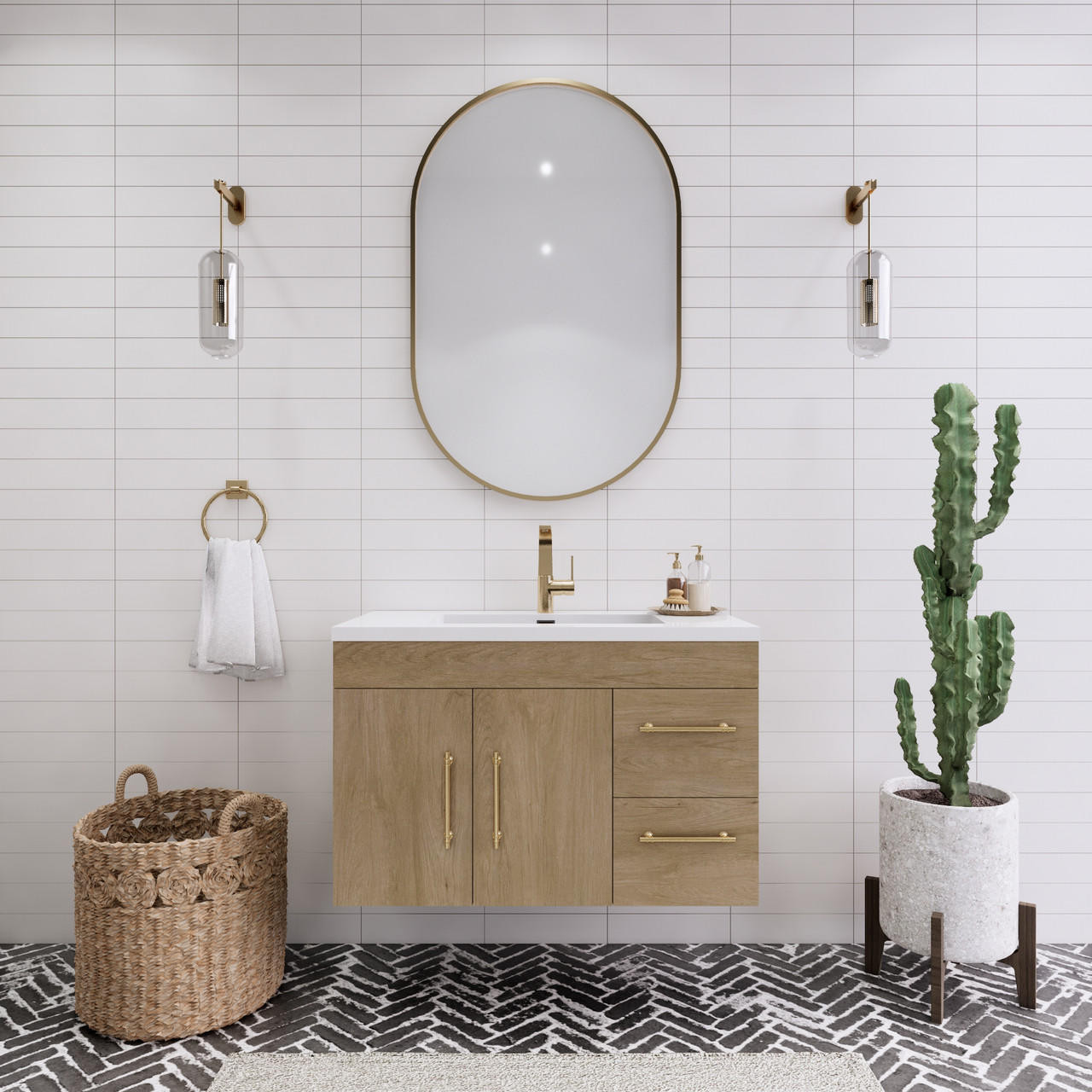 ELSA 36" WALL MOUNTED VANITY WITH REINFORCED ACRYLIC SINK (RIGHT SIDE DRAWERS) in WHITE OAK