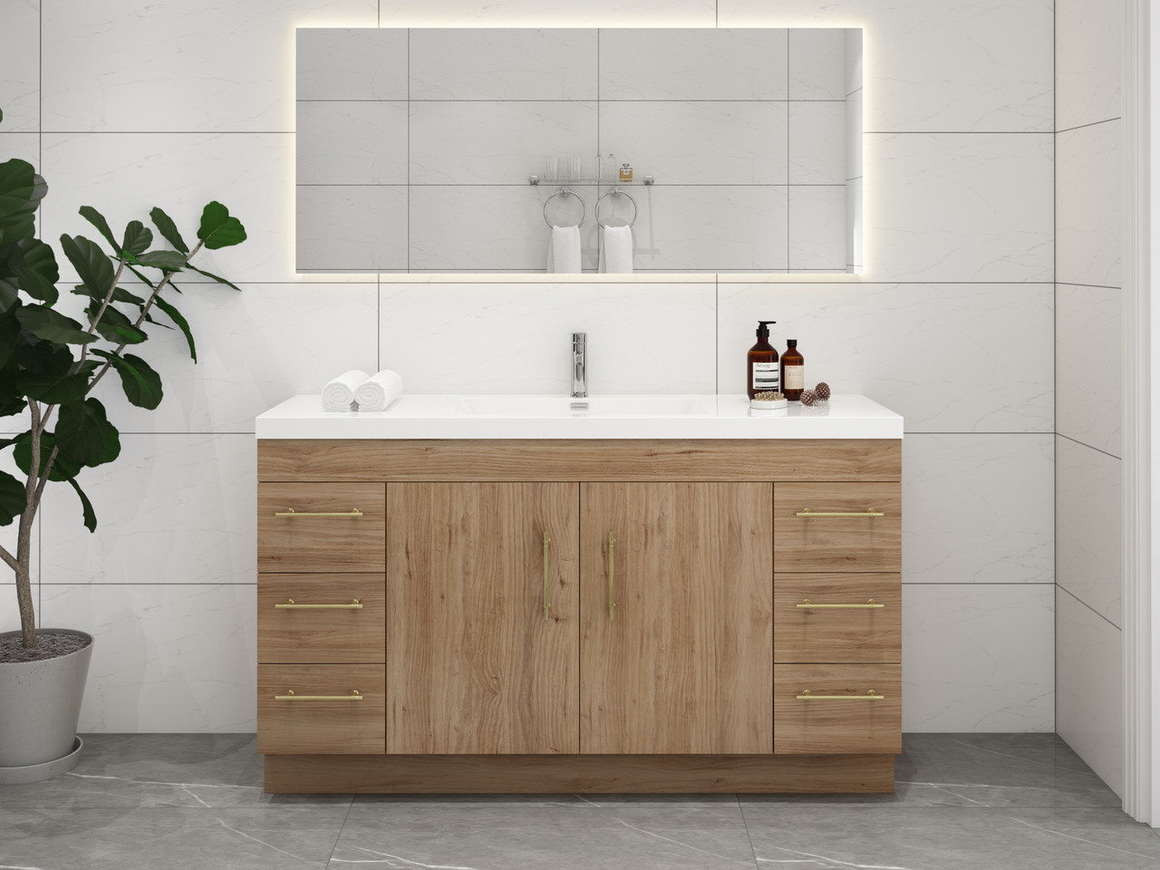 Elsa 60" Freestanding Wood Bathroom Vanity in Natural Oak | Moreno Bath Wood Vanities