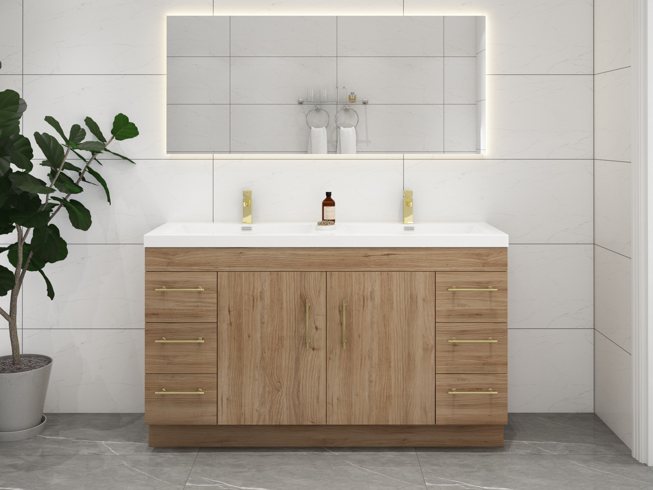 Elsa 60" Freestanding Double Sink Bathroom Vanity in Natural Oak | Moreno Bath Double Sink Bathroom Vanities in Natural Oak