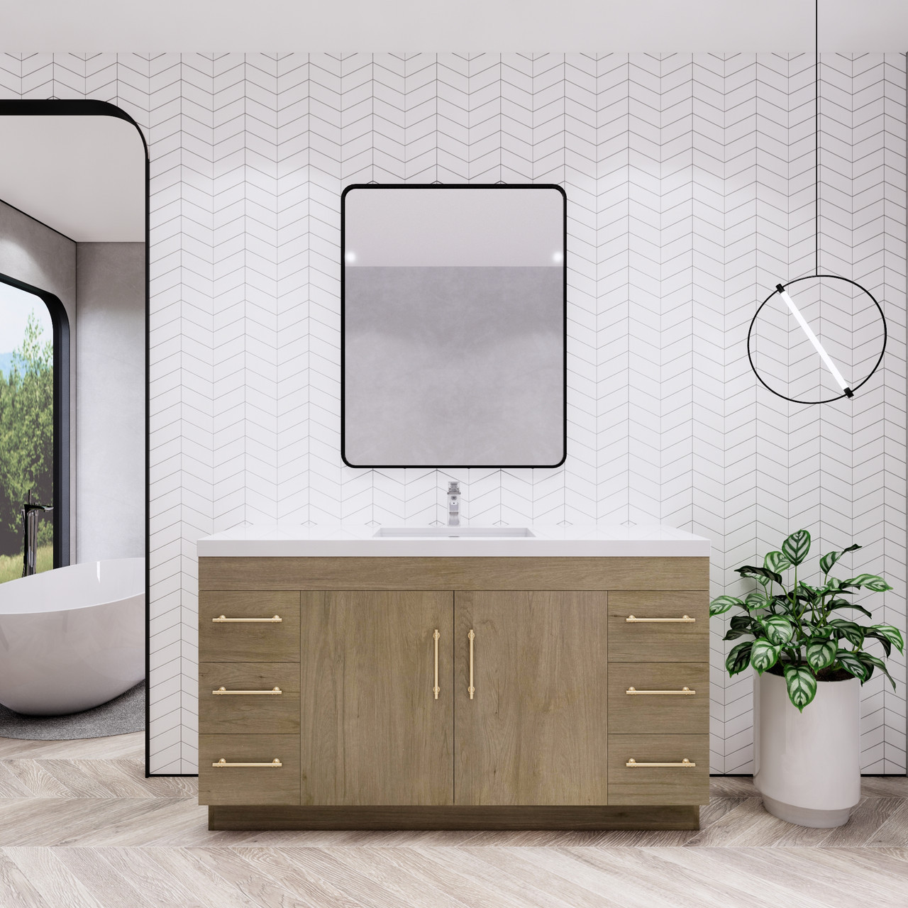 Elsa 60" Freestanding Bathroom Vanity with Single Sink Top in White Oak | Moreno Bath Modern Farmhouse Freestanding Vanities