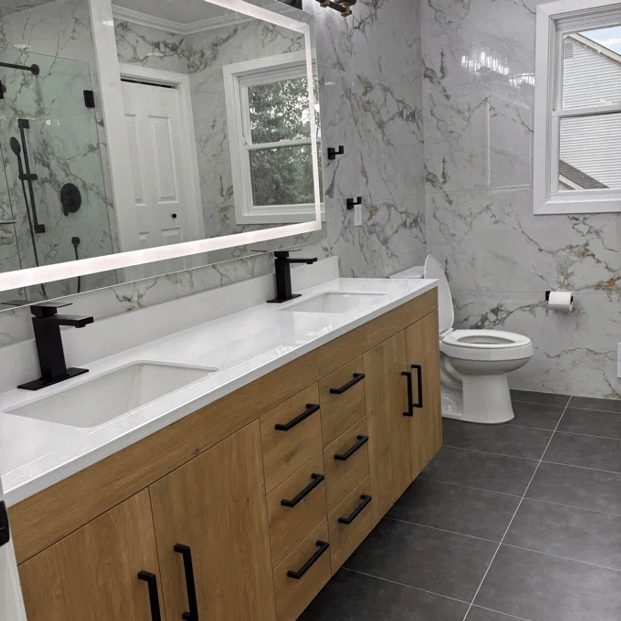 Elsa 84 Freestanding Bathroom Vanity in Oak by Moreno Bath with Black Handles - Black Friday 2025 Sale V1