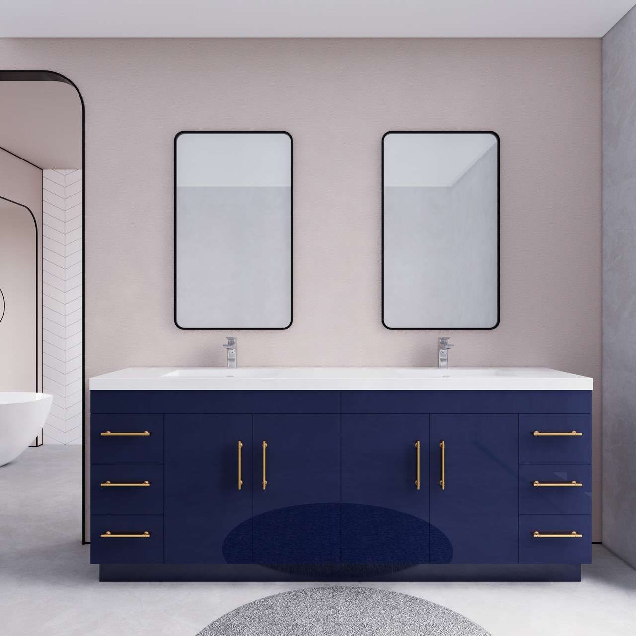 Elsa 84" Freestanding Vanity in Gloss Navy Blue | Moreno Bath Navy Blue Vanities