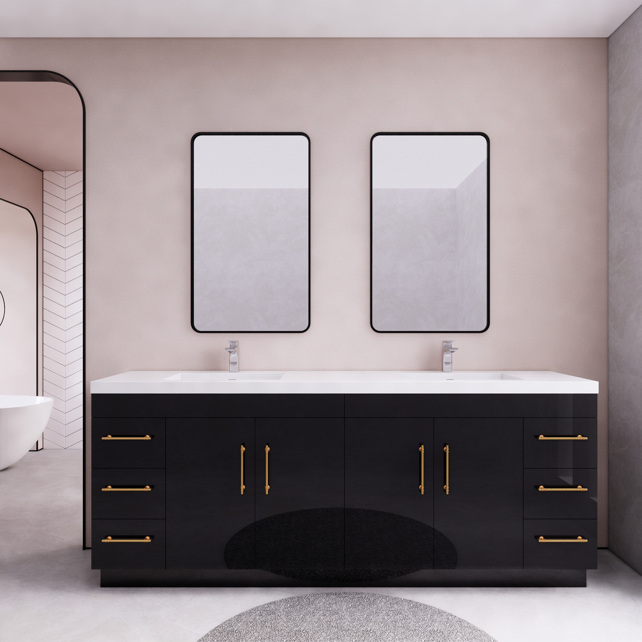 Elsa 84" Freestanding Gloss Black Vanity | Moreno Bath Modern Farmhouse Elegant Black Vanities