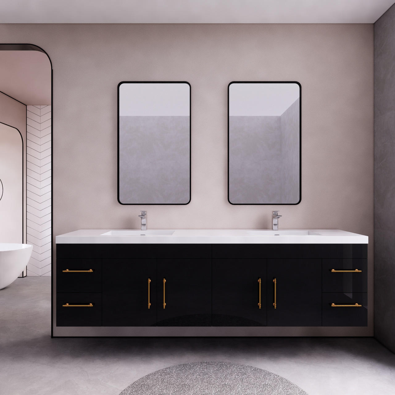 Elsa 84" Gloss Black Floating Bathroom Vanity | Moreno Bath Modern Elegant Farmhouse Black Bathroom Vanities