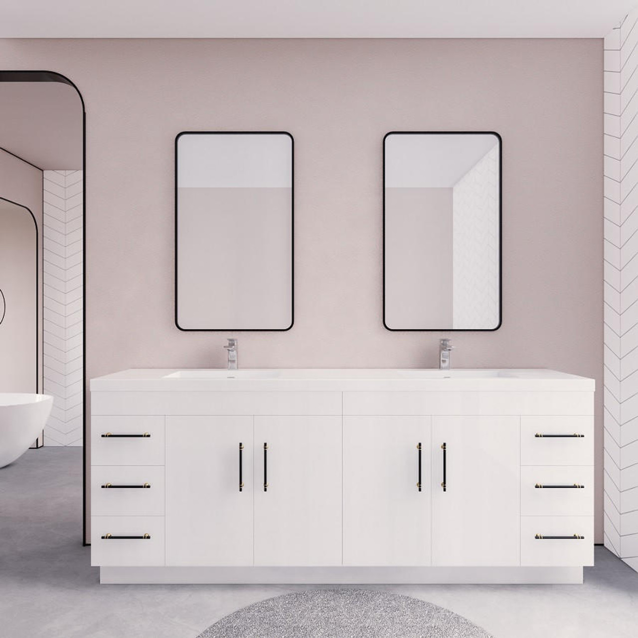 Elsa 84" Inch Freestanding Bathroom Vanity in Gloss White | Moreno Bath Modern White Vanities