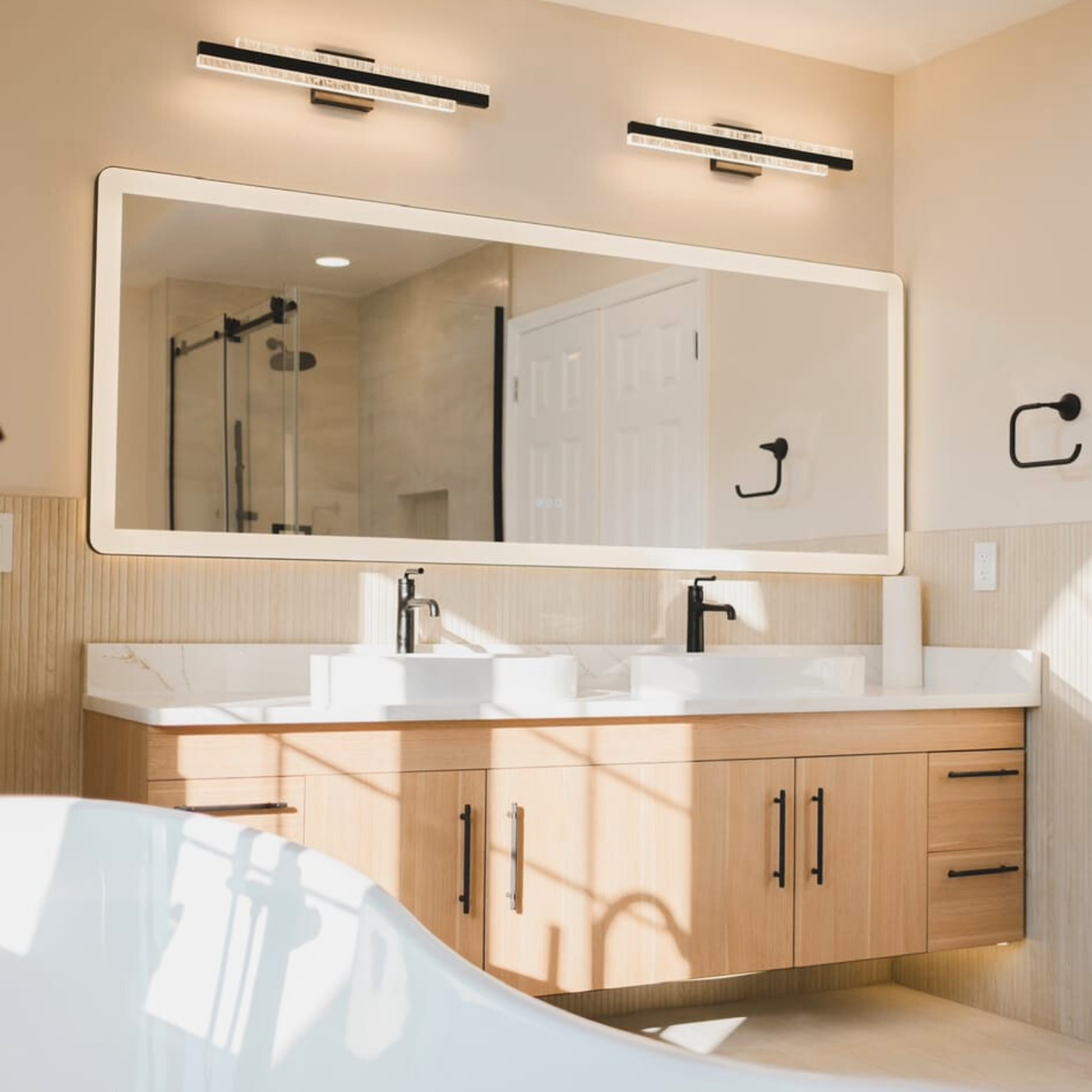 Elsa 84" Floating Bathroom Vanity with Custom Client Marble Top in Champagne Oak by Moreno Bath Vanities