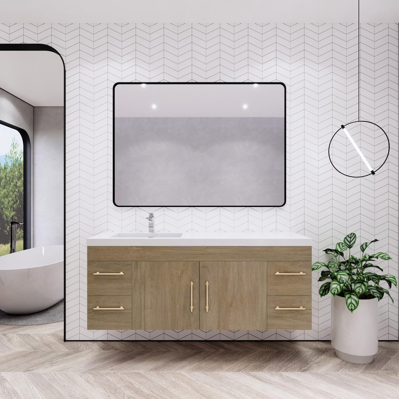 ELSA 60" WALL MOUNTED VANITY WITH SINGLE ROYAL WHITE ACRYLIC SINK (LEFT SIDE) in Natural Oak