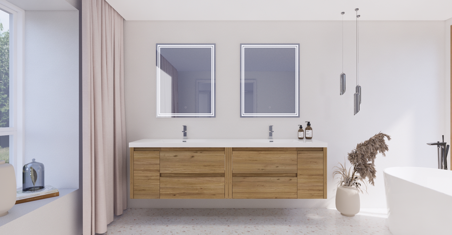 Jade 84" Wall Hung Bath Vanity with Reinforced Acrylic Sink in Natural Oak