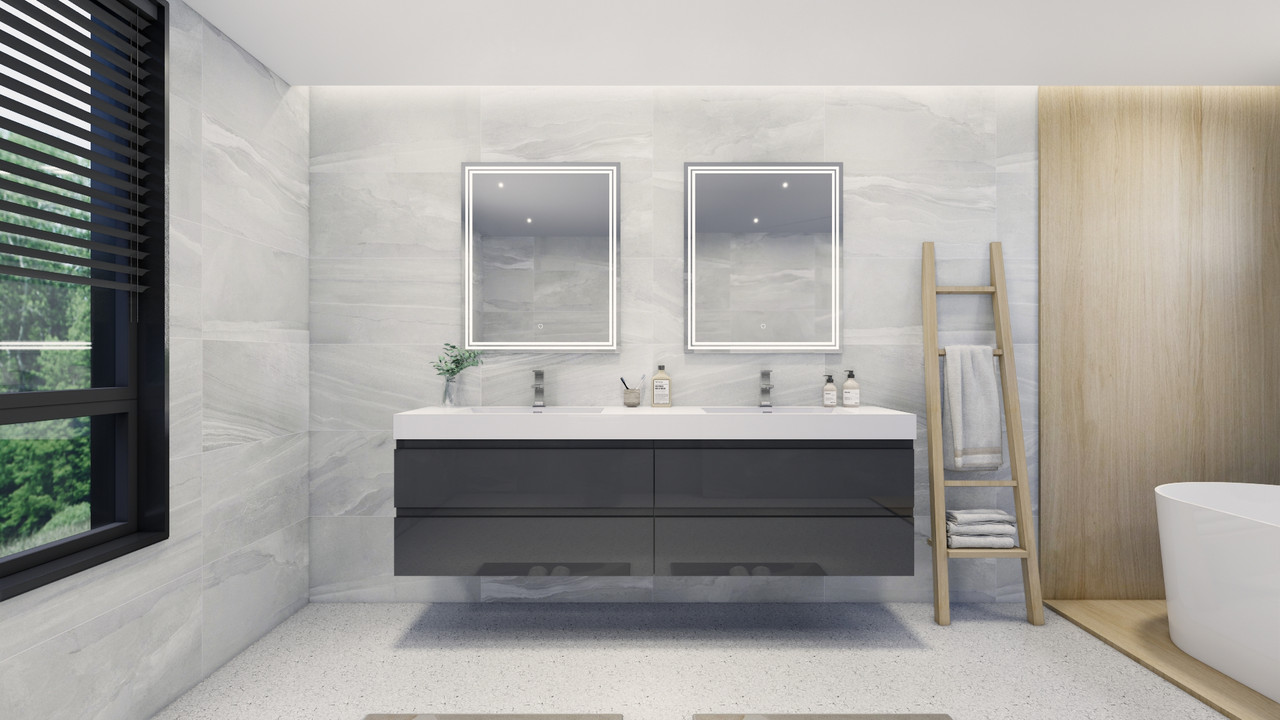 Fortune 84" Floating Vanity in Gloss Gray | Moreno Bath Modern Floating Gloss Gray Vanities