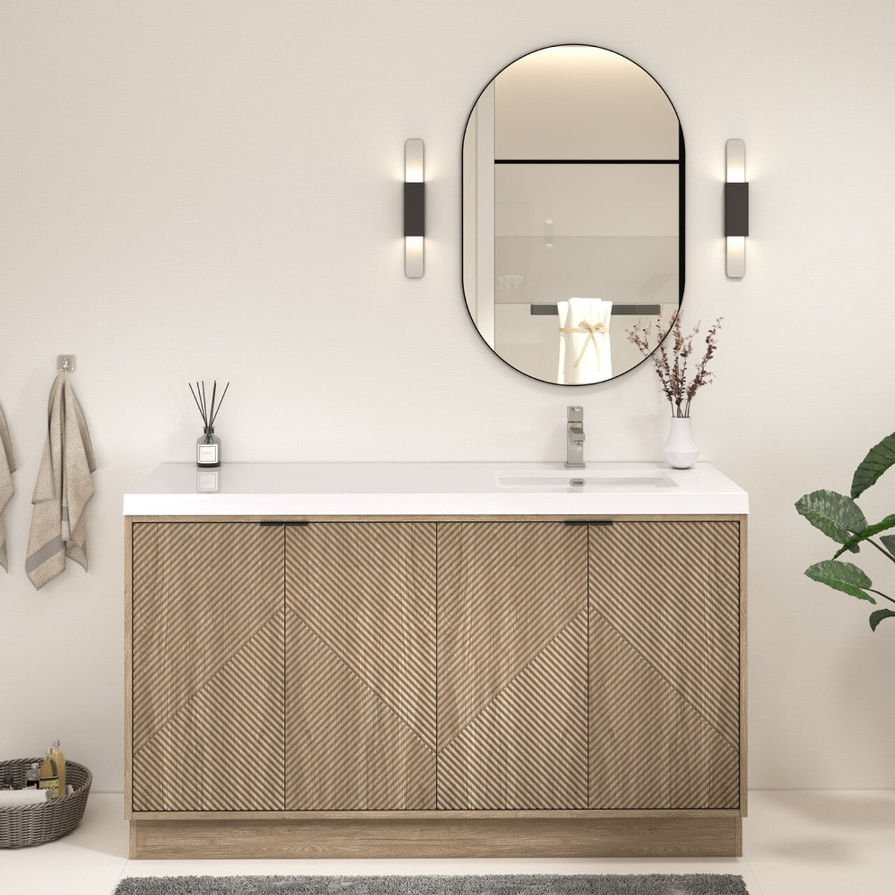 Mason 60 Inch Fluted Freestanding Bathroom Vanity with Right Side Sink Only Assymmetrical Sink by Moreno Bath