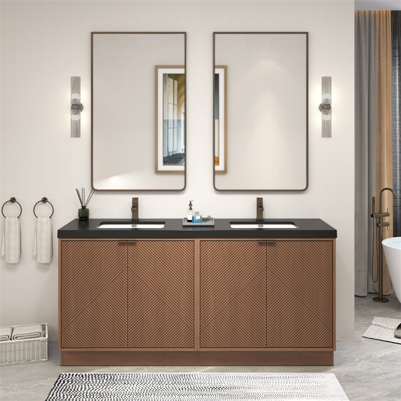 Mason 72 Inch Fluted Freestanding Bathroom Vanity in Chestnut Brown by Moreno Bath Vanities - Black Sink
