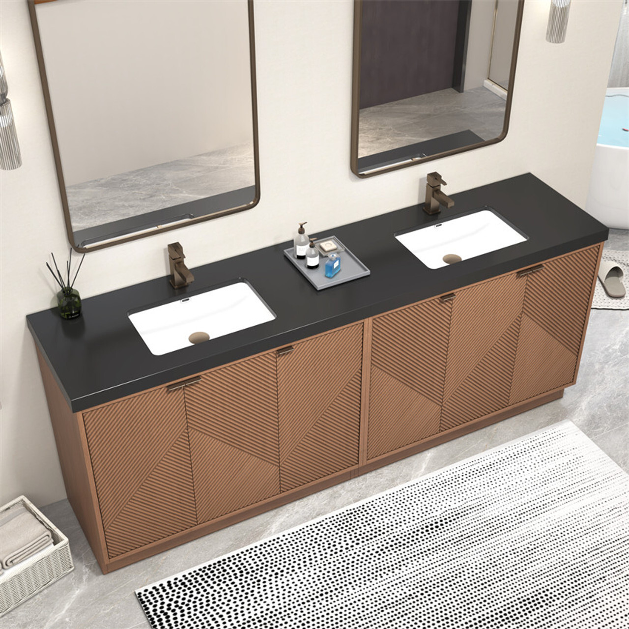 Mason 84 Inch Fluted Freestanding Bathroom Vanity in Chestnut Brown and Black Sink
