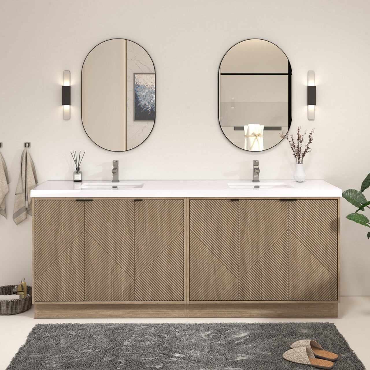 Mason 84 Inch Fluted Freestanding Bathroom Vanity in White Oak White Sink by Moreno Bath Vanities