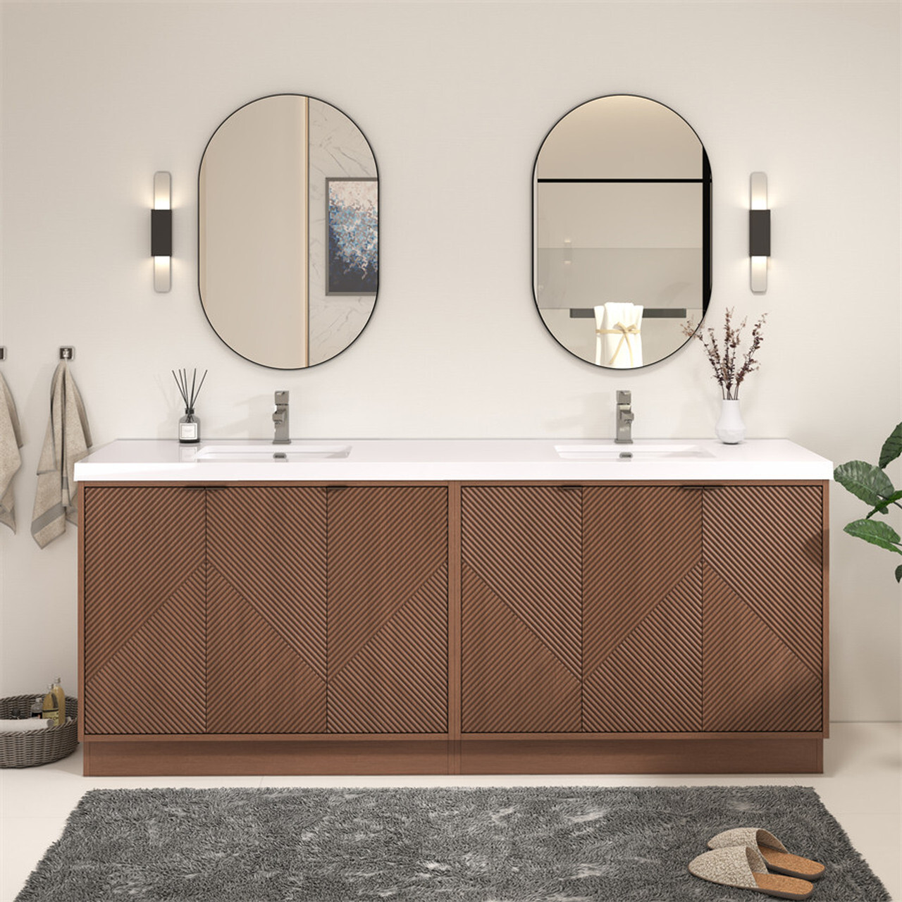 Mason 84 Inch Fluted Freestanding Vanity in Chestnut Brown with White Sink by Moreno Bath