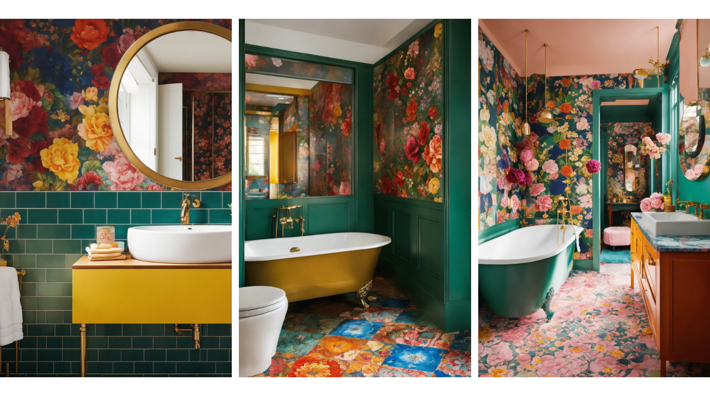 Maximalist Luxury-Vintage Small Bathroom Design Ideas with Floral Wallpaper, Mustard Yellow, and Marine Sea Green