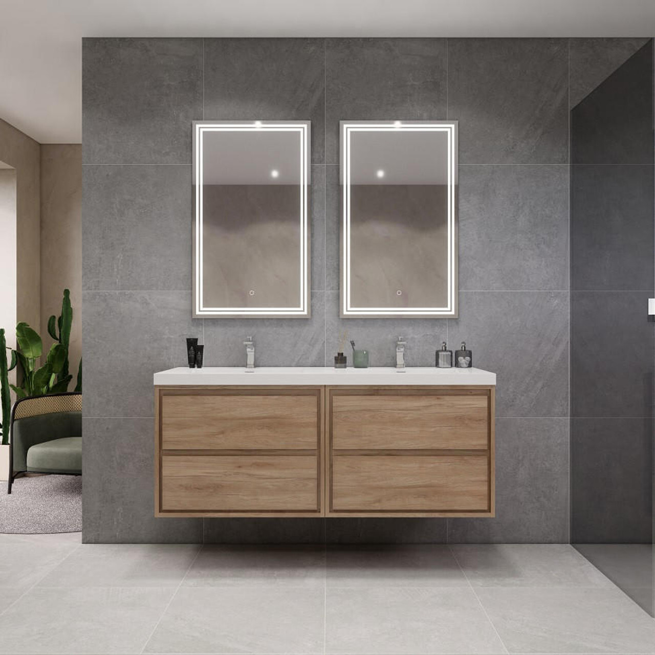 Sage 60 Inch Double Sink Double Vanity Floating Vanity in White Oak by Moreno Bath