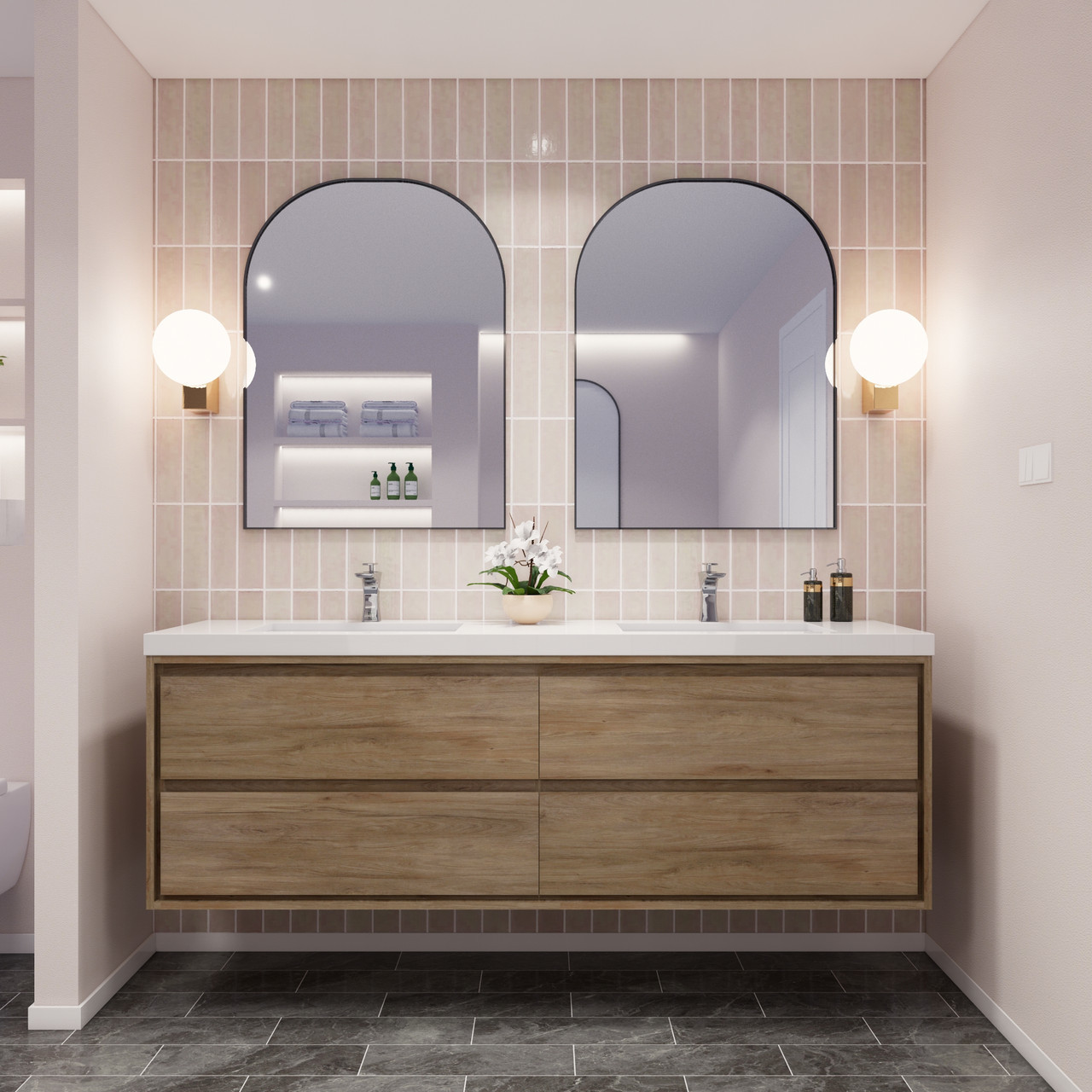 Sage 72" Double Sink Wall Mounted Modern Vanity in White Oak