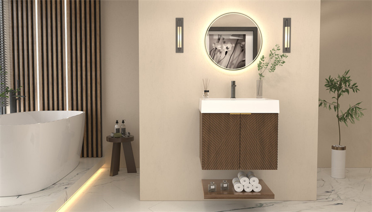 Stella 24 Inch Powder Room Fluted Floating Bathroom Vanity in Chestnut Brown by Moreno Bath Vanities