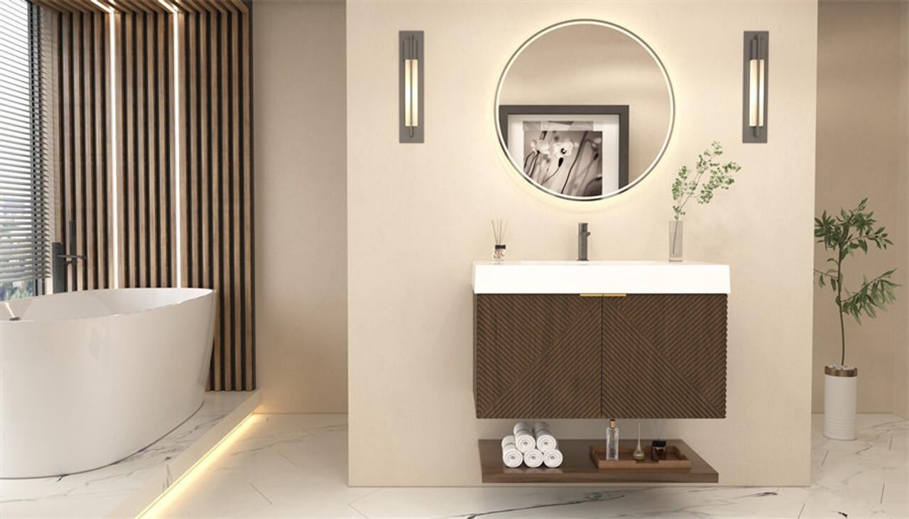 Stella 36 Inch Fluted Floating Bathroom Vanity in Chestnut Brown by Moreno Bath Vanities