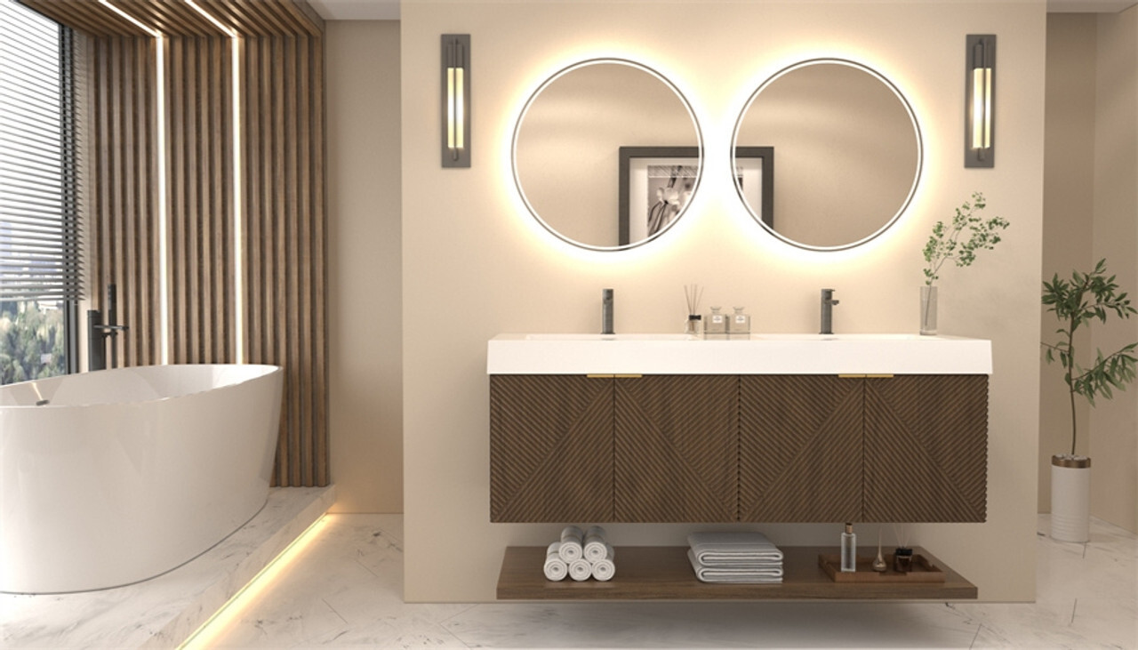 Stella 60 Inch Double Sink Fluted Floating Bathroom Vanity in Chestnut Brown by Moreno Bath Vanities