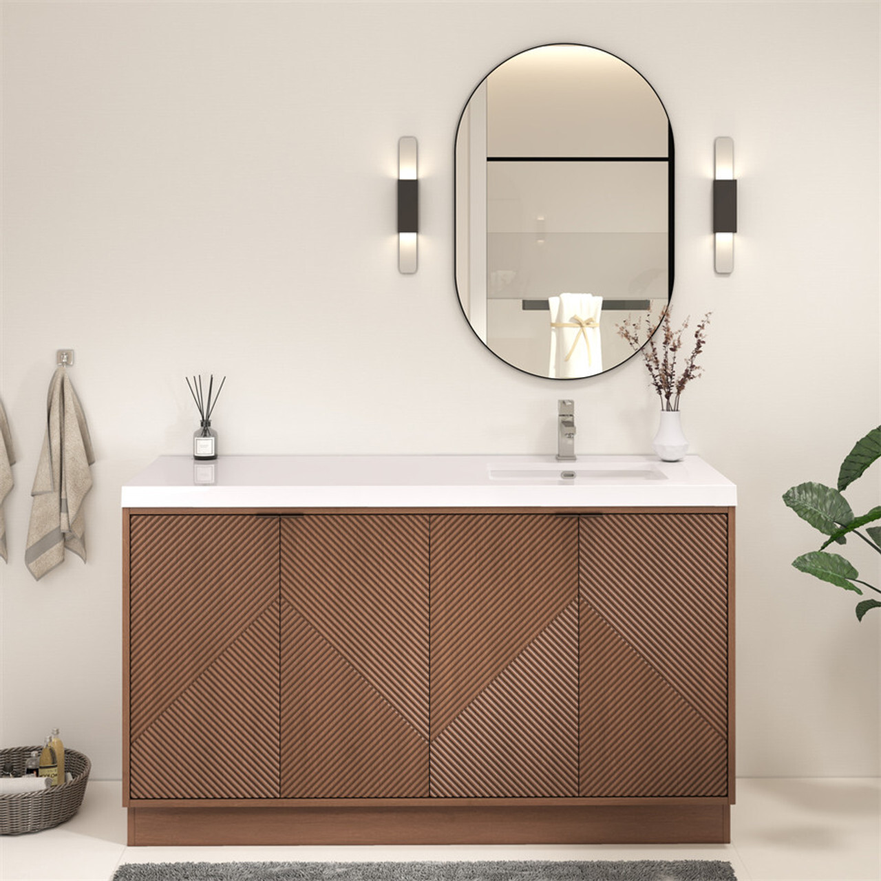 Stella 60 Inch Fluted Freestanding Bathroom Vanity in Chestnut Brown with Right Side Sink by Moreno Bath