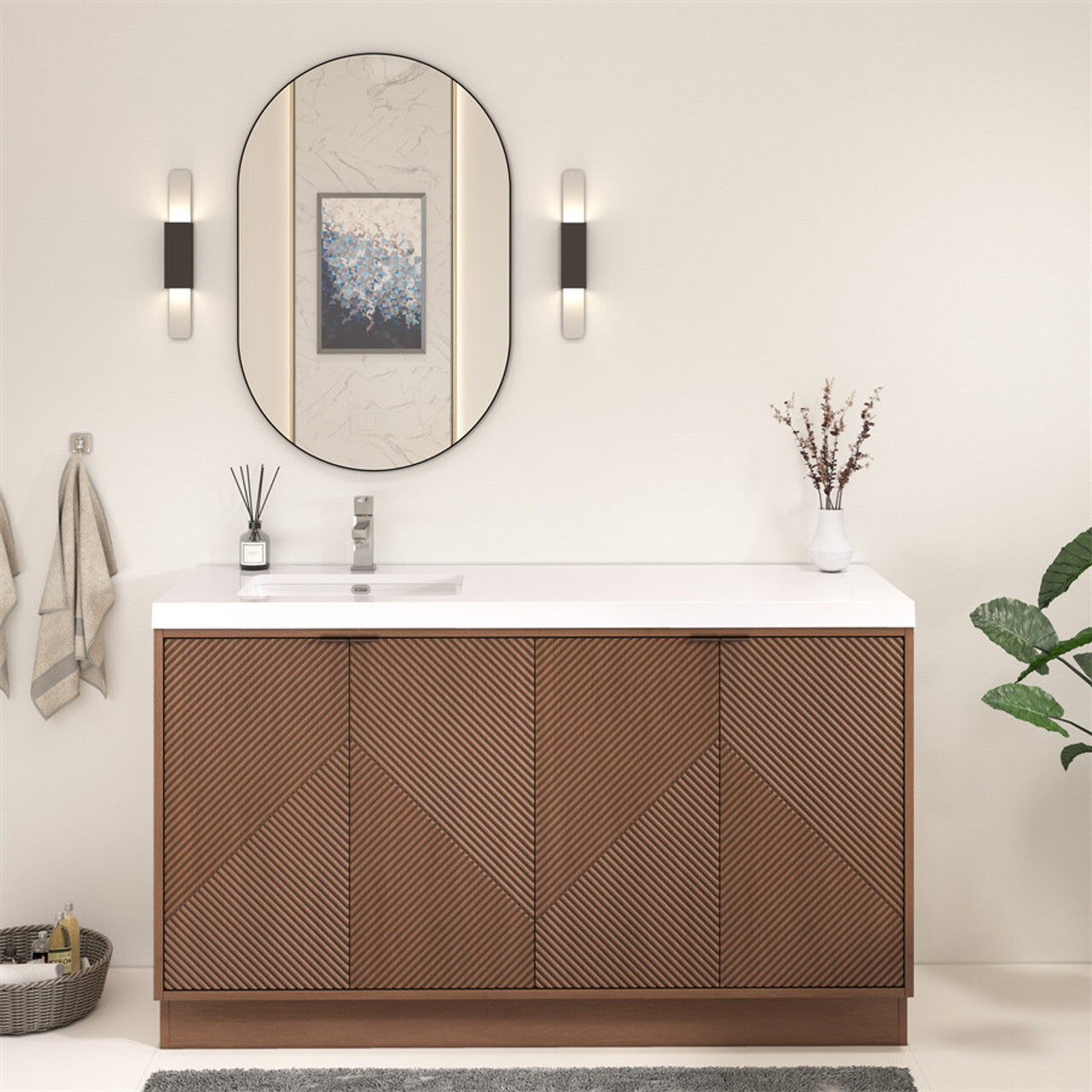 Stella 60 Inch Single Sink Left Side Sink Fluted Freestanding Vanity in Chestnut Brown White Sink - Moreno Bath