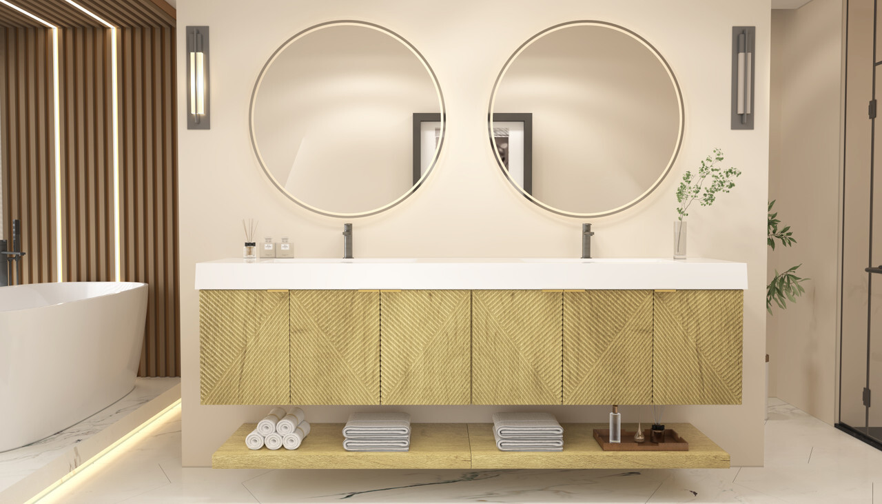 Stella 84 Inch Fluted Floating Vanity in Teak Oak by Moreno Bath