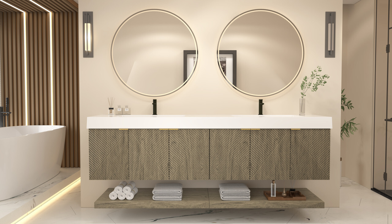 Stella 84 Inch Fluted Floating Vanity in White Oak by Moreno Bath