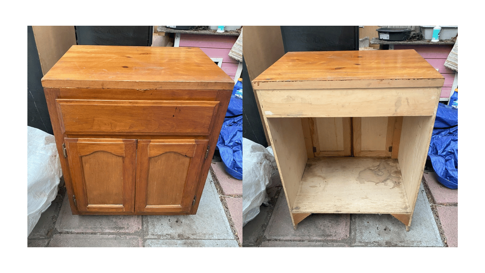 Used vanity exterior and interior with slight water damage inside of the vanity cabinet. Although this used bathroom vanity cabinet does not show any signs of water damage on its exterior, the inside of the used vanity cabinet tell another story. 