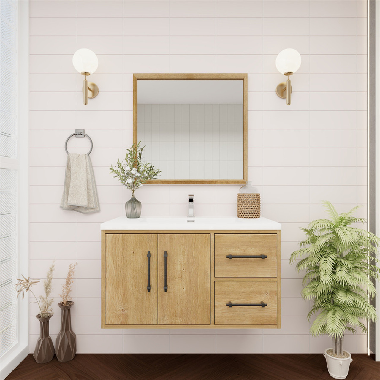 Victoria 36" Solid Wood Floating Rustic Vanity in Oak | Moreno Bath Modern Solid Wood Rustic Vanities