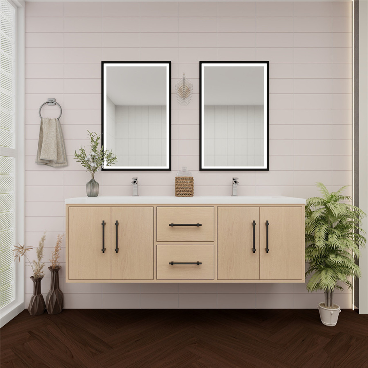 Victoria 60" Solid Wood Vanity with Double Sink in Yellow Oak | Moreno Bath Solid Wood Double Vanities