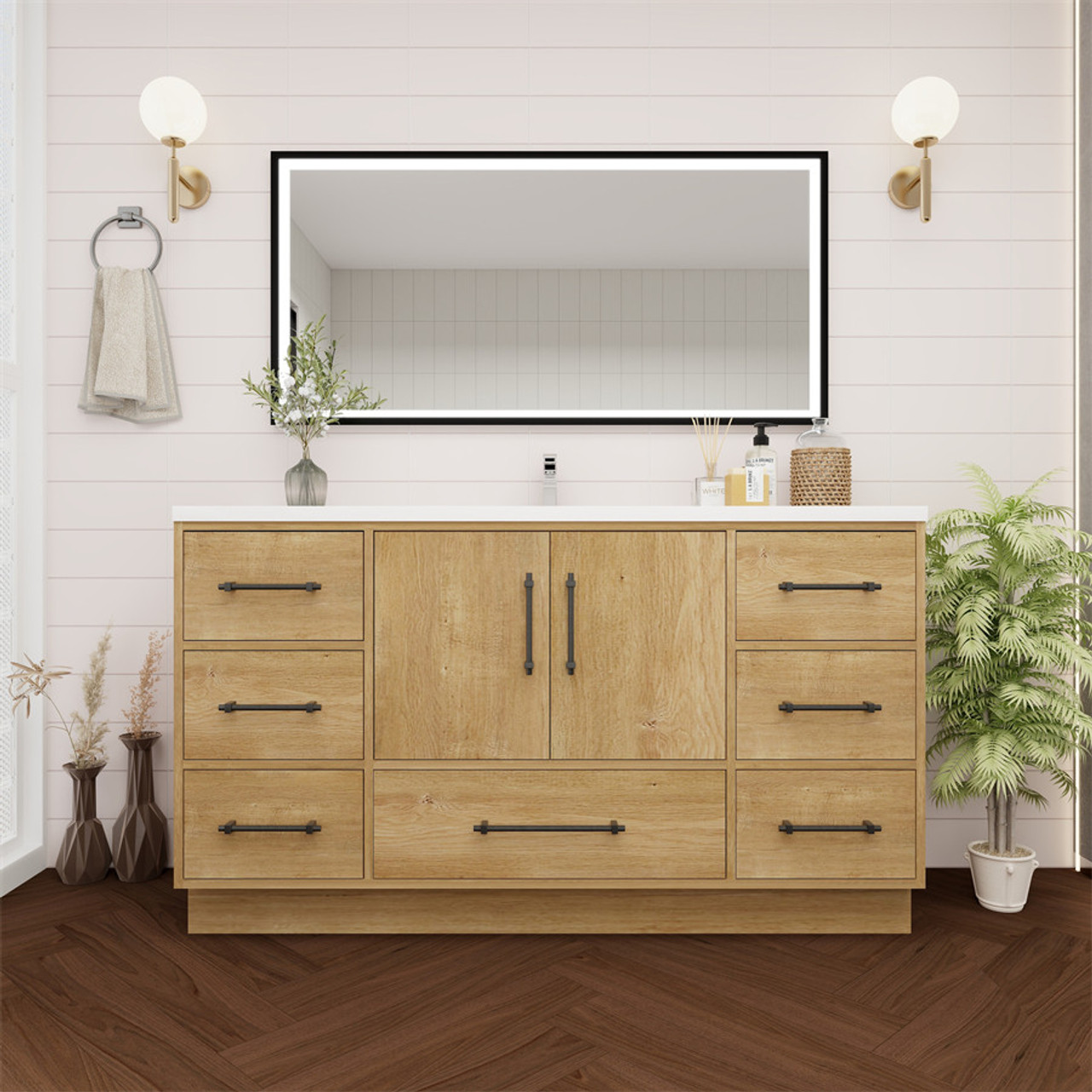 Victoria 60" Solid Wood Freestanding Bathroom Vanity in Oak | Moreno Bath Solid Wood Rustic Vanities