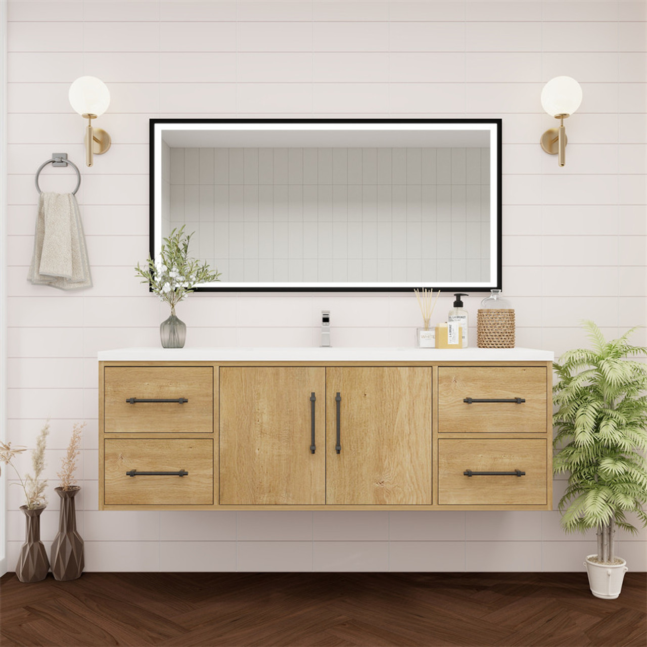 Victoria 60" Floating Single Sink Vanity in Oak | Moreno Bath Solid Wood Rustic Vanities