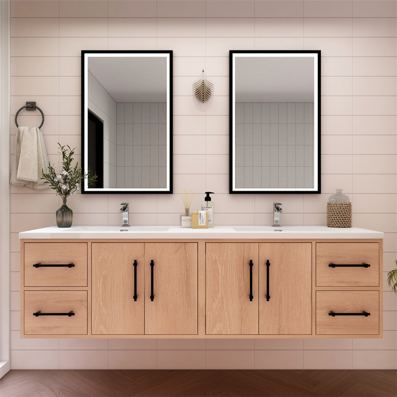 Victira 72" Inch Double Sink Floating Solid Wood Bathroom Vanity in Red Oak | Moreno Bath Solid Wood Floating Vanities